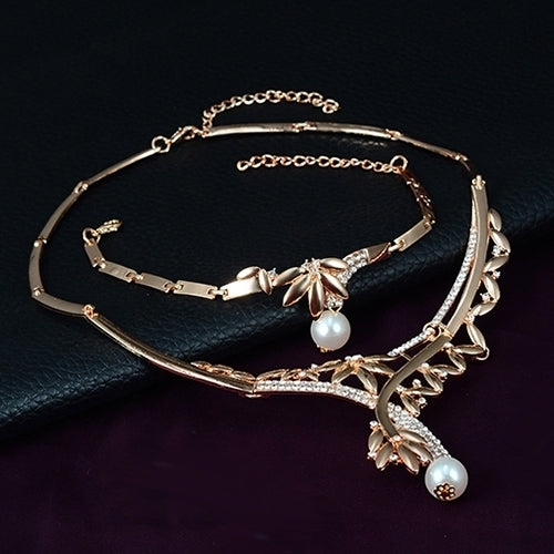 Wedding Party Leaf Faux Pearl Pendant Choker Necklace Ring Earrings Bracelet Set Image 4
