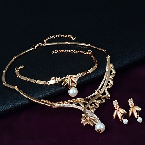 Wedding Party Leaf Faux Pearl Pendant Choker Necklace Ring Earrings Bracelet Set Image 9