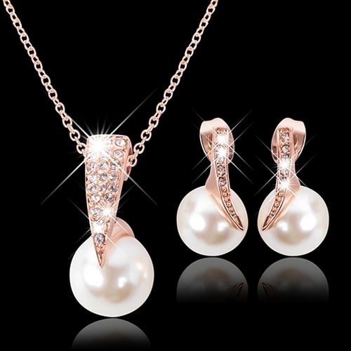 Wedding Jewelry Set Bride Rose Gold Crystal Faux Pearl Pendant Necklace Earrings Image 1