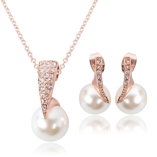 Wedding Jewelry Set Bride Rose Gold Crystal Faux Pearl Pendant Necklace Earrings Image 2