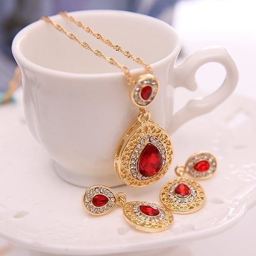 Womens Luxury Rhinestone Oval Charm Necklace + Drop Dangle Earrings Jewelry Set Image 2