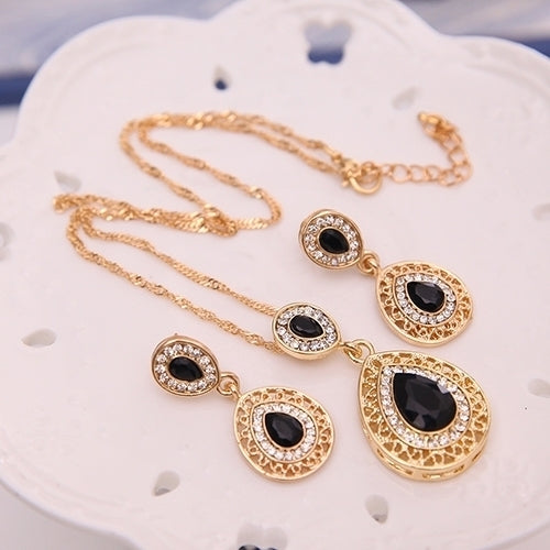 Women Rhinestone Waterdrop Pendant Necklace Stud Drop Earrings Jewelry Set Image 4