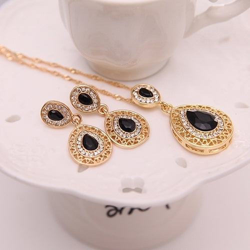 Women Rhinestone Waterdrop Pendant Necklace Stud Drop Earrings Jewelry Set Image 4