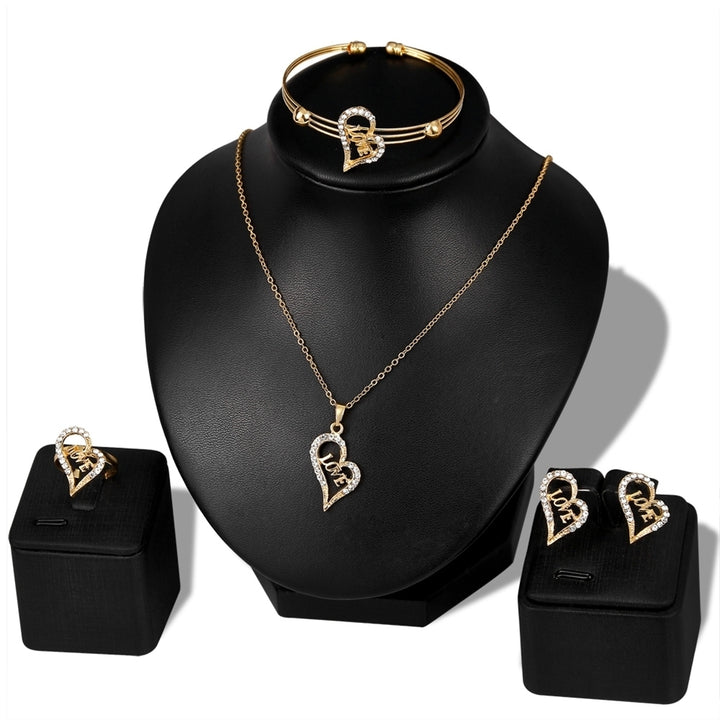 Women Hollow Love Heart Pendant Necklace Bracelet Ring Earrings Jewelry Set Image 4