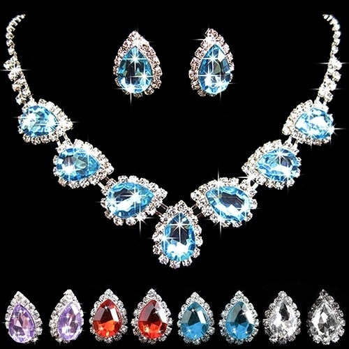Prom Wedding Bridal Crystal Rhinestone Waterdrop Necklace Earring Jewelry Set Image 2