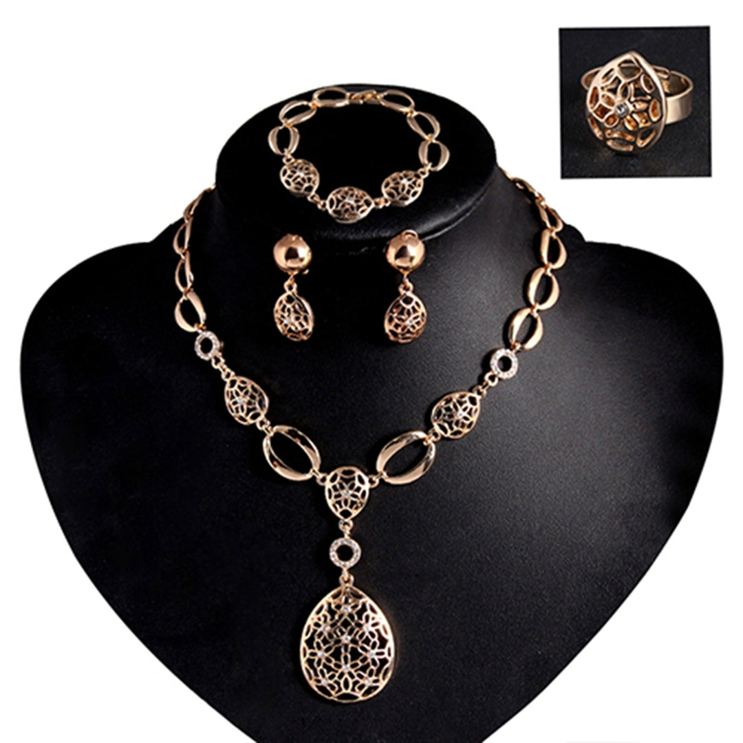 Women Waterdrop Hollow Statement Collar Necklace Ring Earrings Bracelet Set Image 3