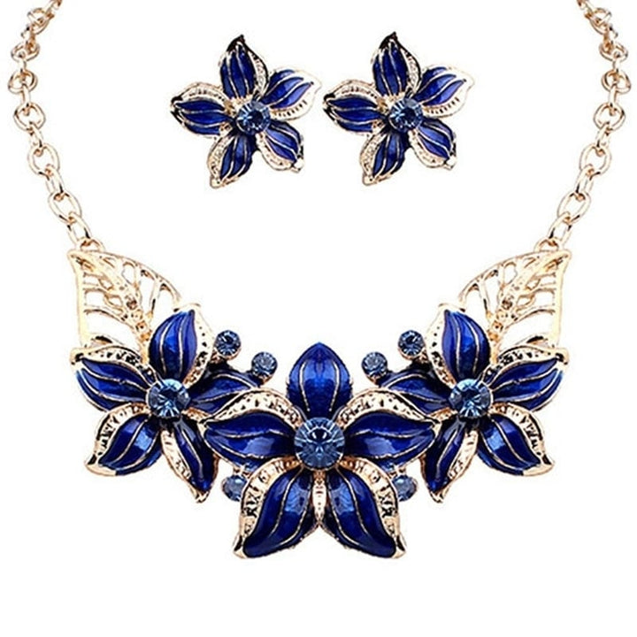 Fashion Women Rhinestone Flower Statement Pendant Necklace Earrings Jewelry Set Image 1