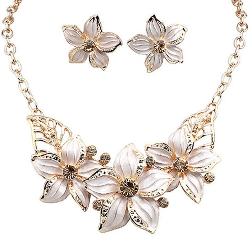Fashion Women Rhinestone Flower Statement Pendant Necklace Earrings Jewelry Set Image 9