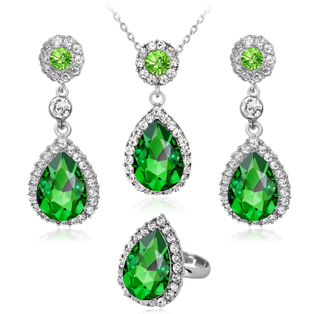 Women Fashion Rhinestones Inlaid Waterdrop Necklace Ring Earrings Jewelry Set Image 2