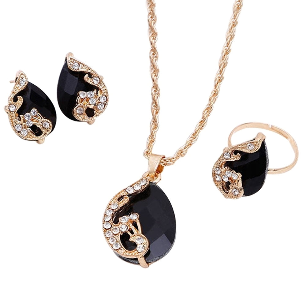 Women Jewelry Set Shiny Water-Drop Shape Rhinestone Necklace Earrings Ring Gift Image 2