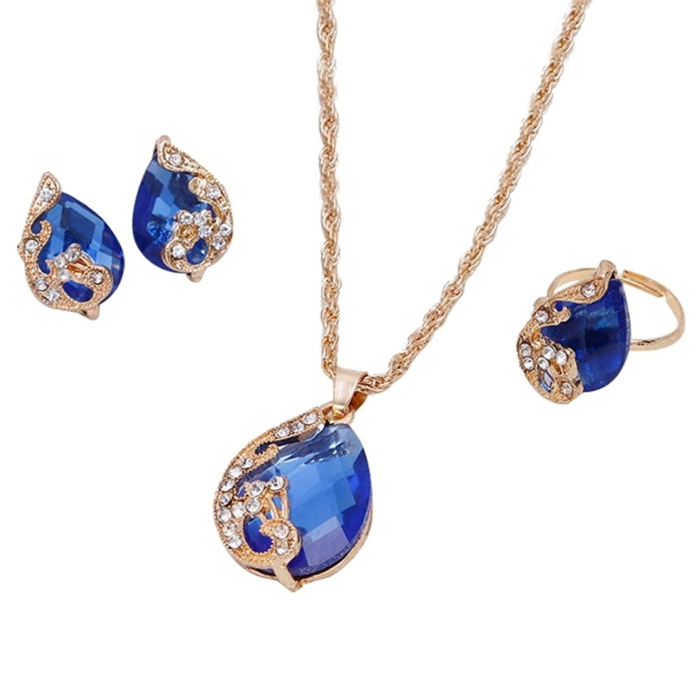 Women Jewelry Set Shiny Water-Drop Shape Rhinestone Necklace Earrings Ring Gift Image 3