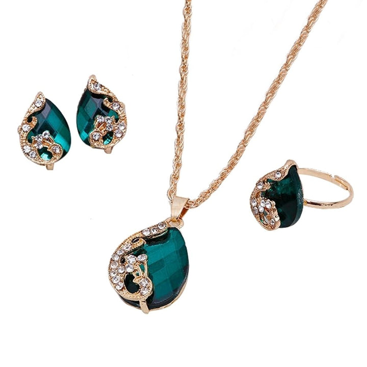 Women Jewelry Set Shiny Water-Drop Shape Rhinestone Necklace Earrings Ring Gift Image 1