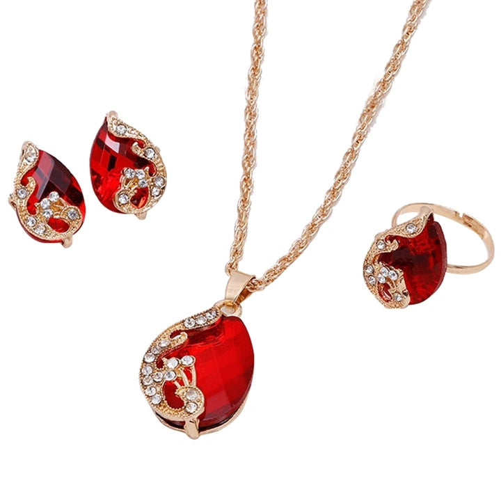 Women Jewelry Set Shiny Water-Drop Shape Rhinestone Necklace Earrings Ring Gift Image 4