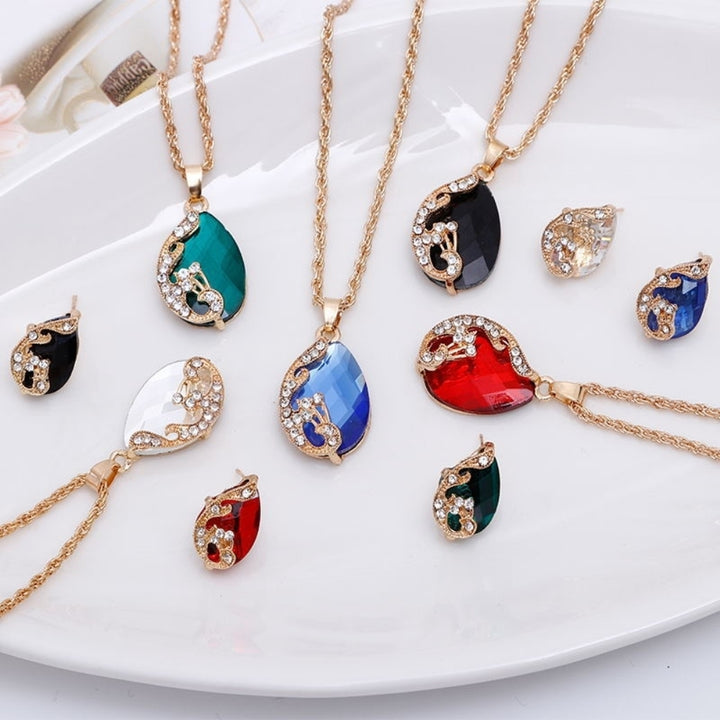 Women Jewelry Set Shiny Water-Drop Shape Rhinestone Necklace Earrings Ring Gift Image 7