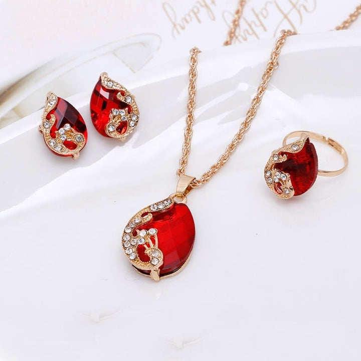 Women Jewelry Set Shiny Water-Drop Shape Rhinestone Necklace Earrings Ring Gift Image 8