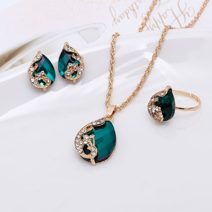Women Jewelry Set Shiny Water-Drop Shape Rhinestone Necklace Earrings Ring Gift Image 9