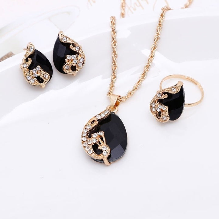 Women Jewelry Set Shiny Water-Drop Shape Rhinestone Necklace Earrings Ring Gift Image 11