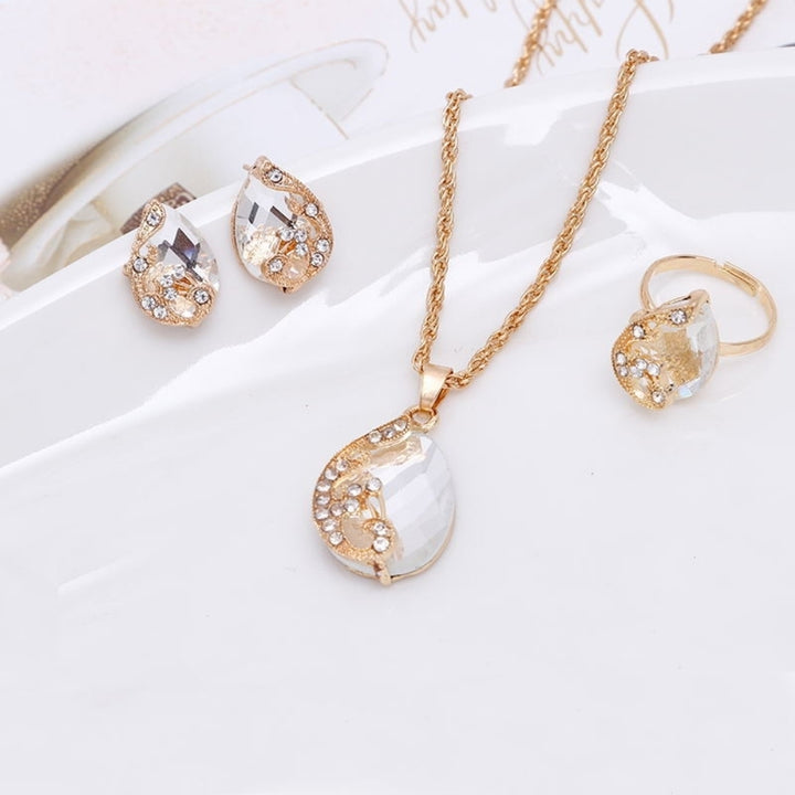 Women Jewelry Set Shiny Water-Drop Shape Rhinestone Necklace Earrings Ring Gift Image 12