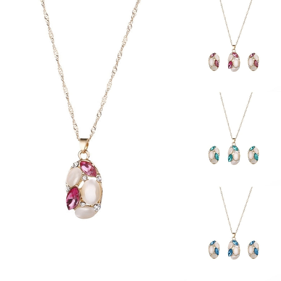 Fashion Women Jewelry Set Oval Opal Drop Pendant Sweater Chain Necklace Earrings Image 1