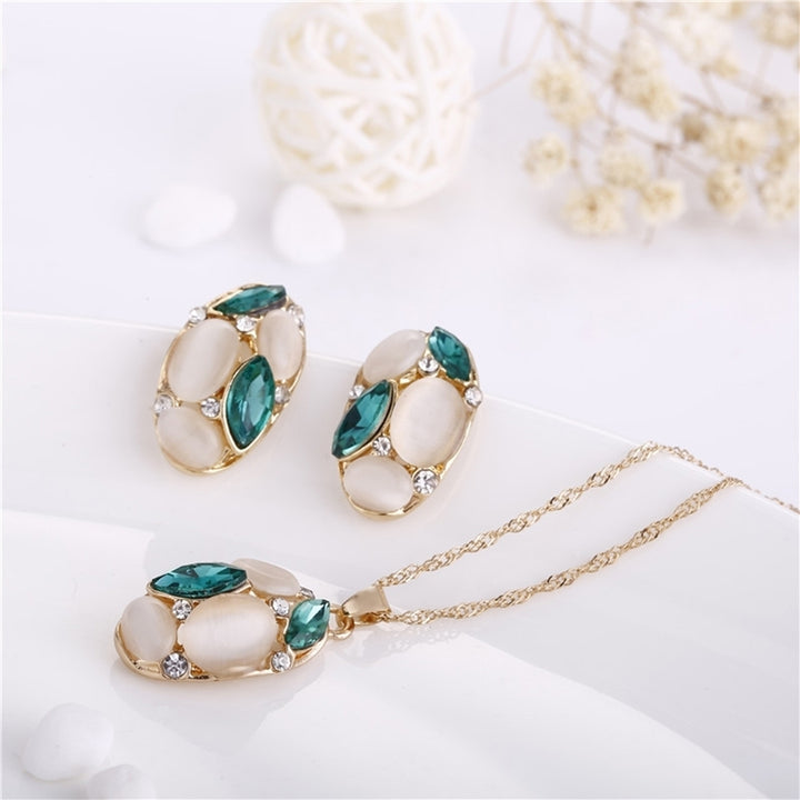 Fashion Women Jewelry Set Oval Opal Drop Pendant Sweater Chain Necklace Earrings Image 2