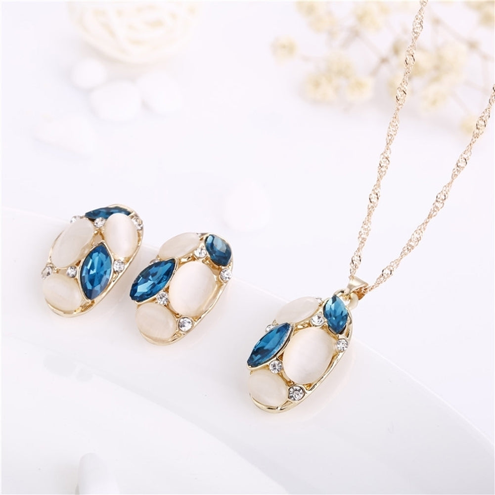 Fashion Women Jewelry Set Oval Opal Drop Pendant Sweater Chain Necklace Earrings Image 3