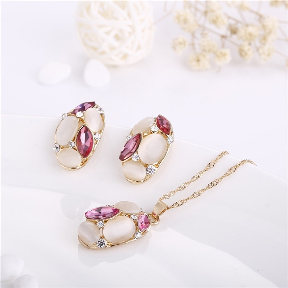 Fashion Women Jewelry Set Oval Opal Drop Pendant Sweater Chain Necklace Earrings Image 4