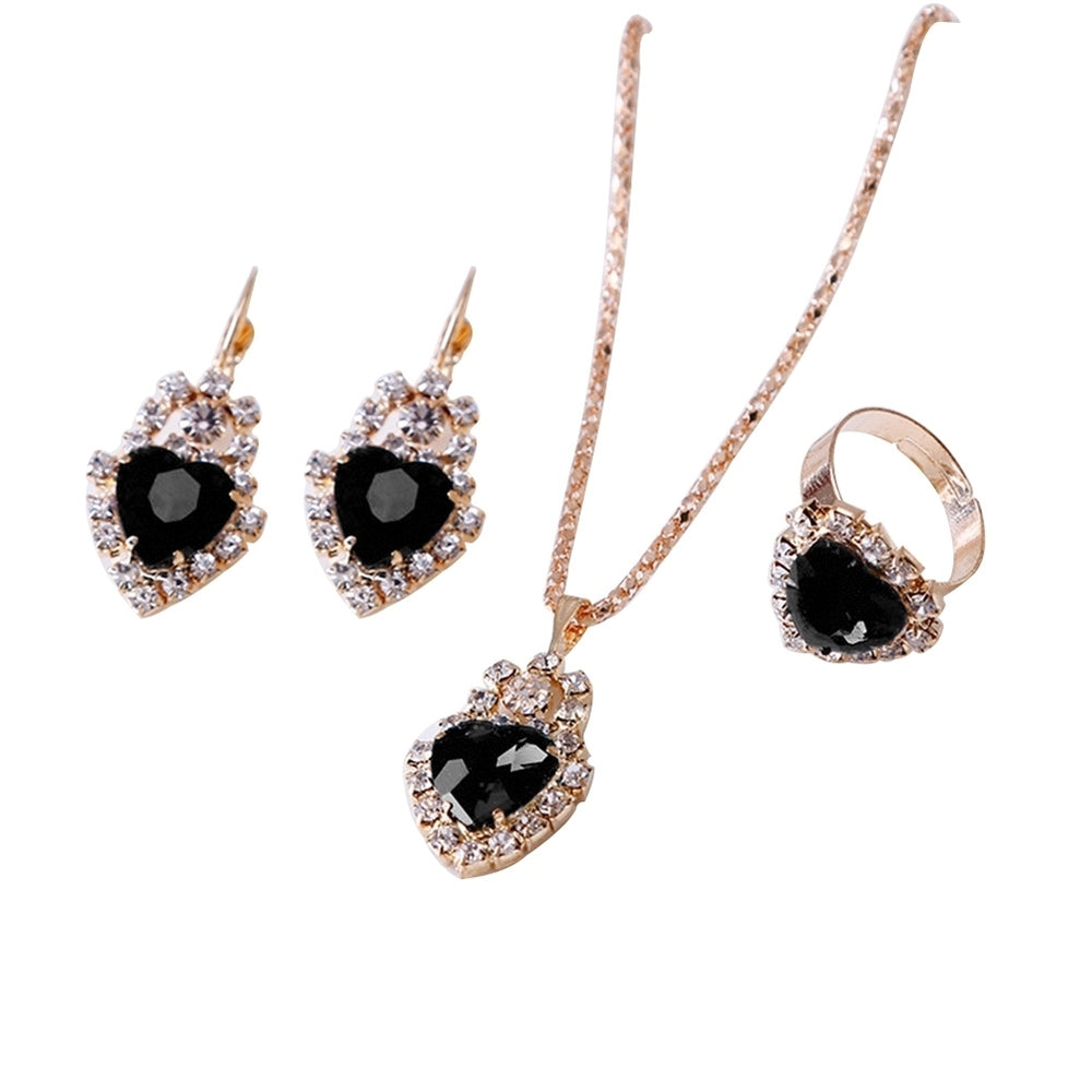 Women Heart Shape Rhinestone Pendant Necklace Lever Back Earrings Ring Jewelry Image 2