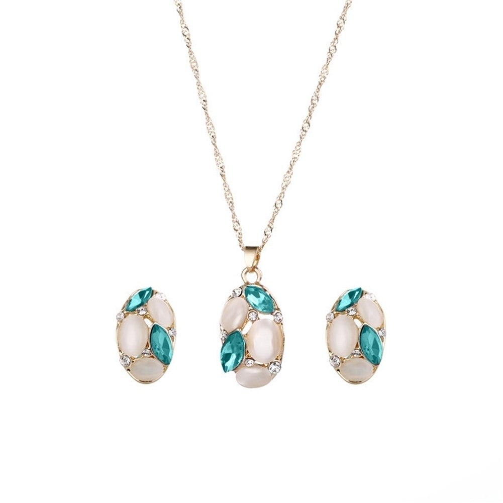 Fashion Women Jewelry Set Oval Opal Drop Pendant Sweater Chain Necklace Earrings Image 6