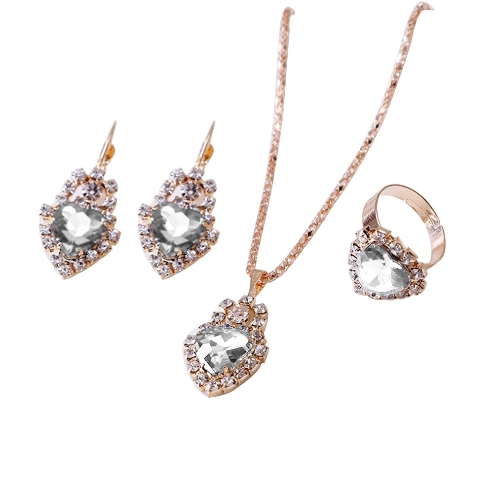 Women Heart Shape Rhinestone Pendant Necklace Lever Back Earrings Ring Jewelry Image 1