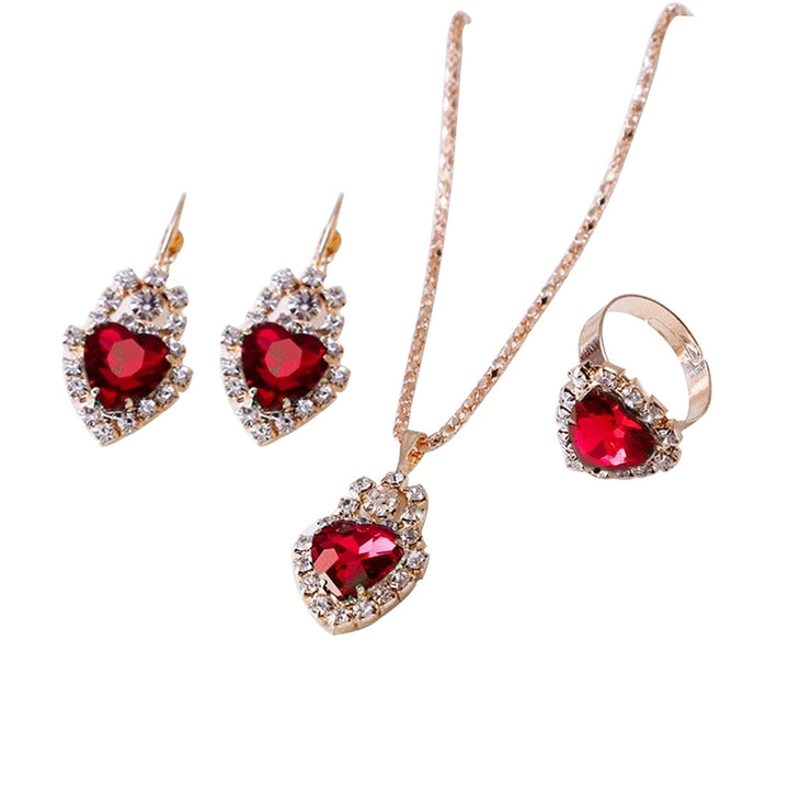 Women Heart Shape Rhinestone Pendant Necklace Lever Back Earrings Ring Jewelry Image 4