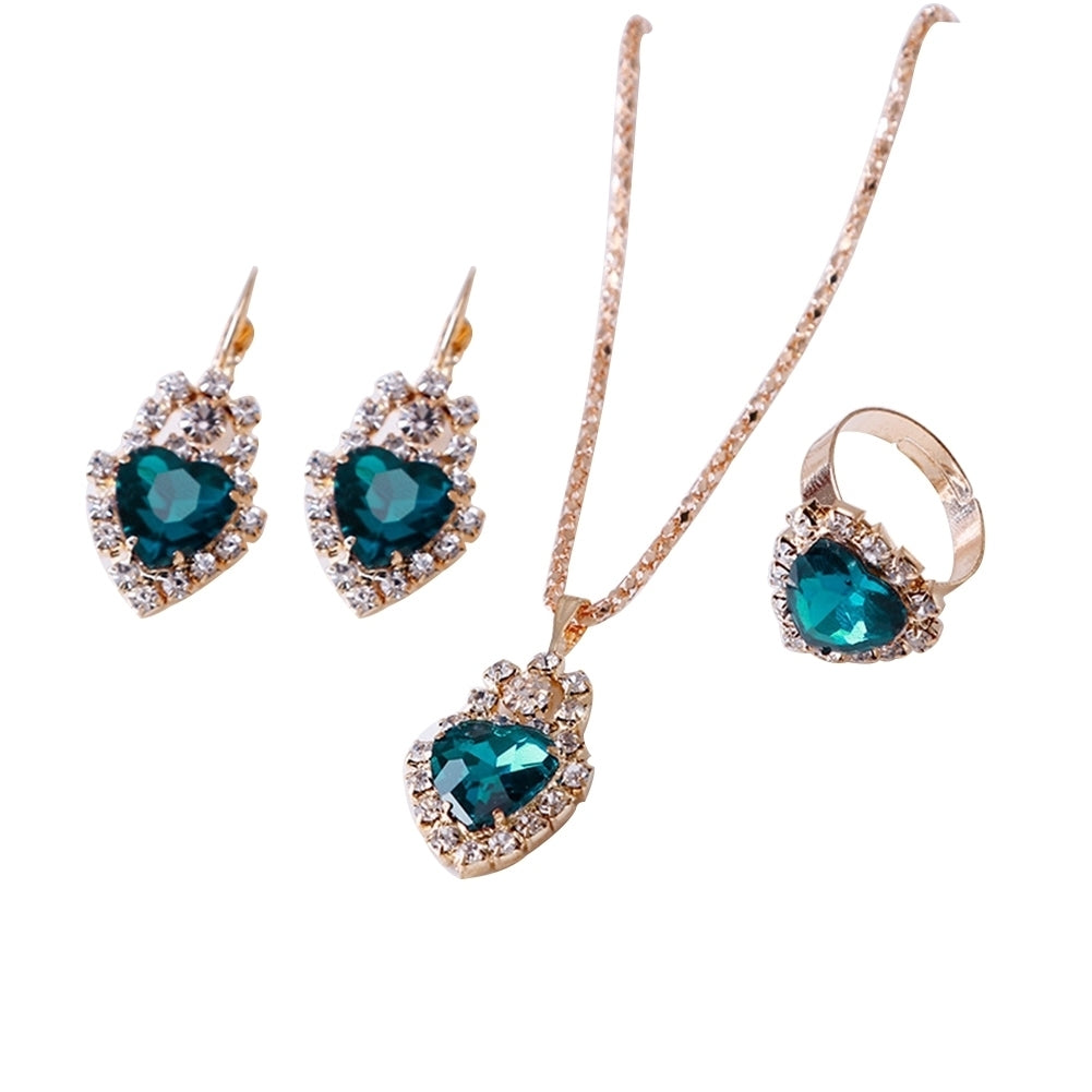 Women Heart Shape Rhinestone Pendant Necklace Lever Back Earrings Ring Jewelry Image 4