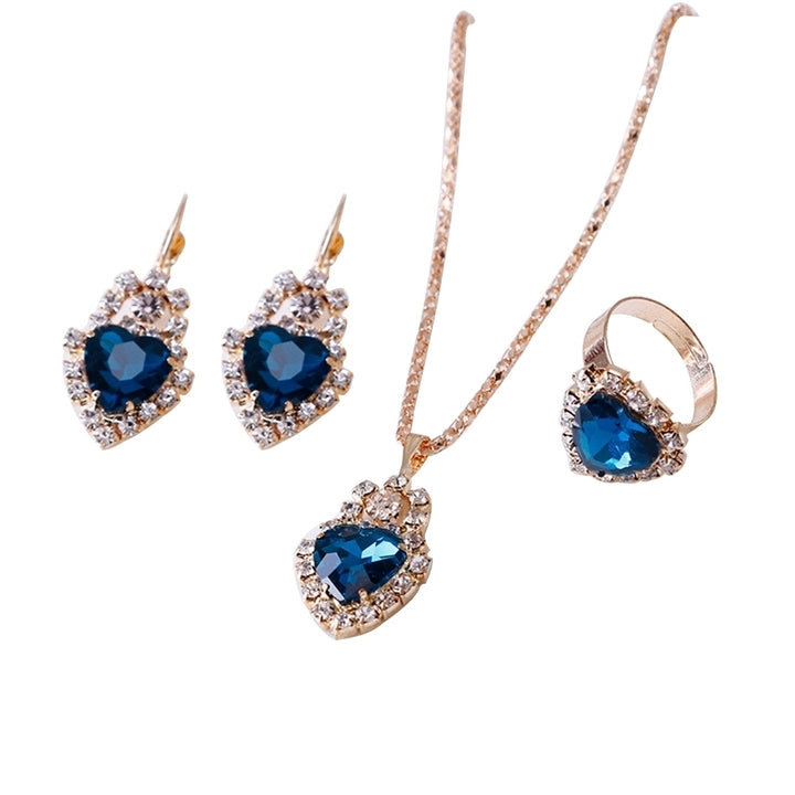 Women Heart Shape Rhinestone Pendant Necklace Lever Back Earrings Ring Jewelry Image 6