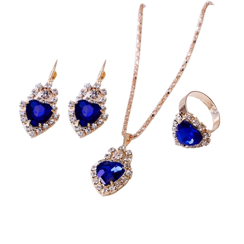 Women Heart Shape Rhinestone Pendant Necklace Lever Back Earrings Ring Jewelry Image 1