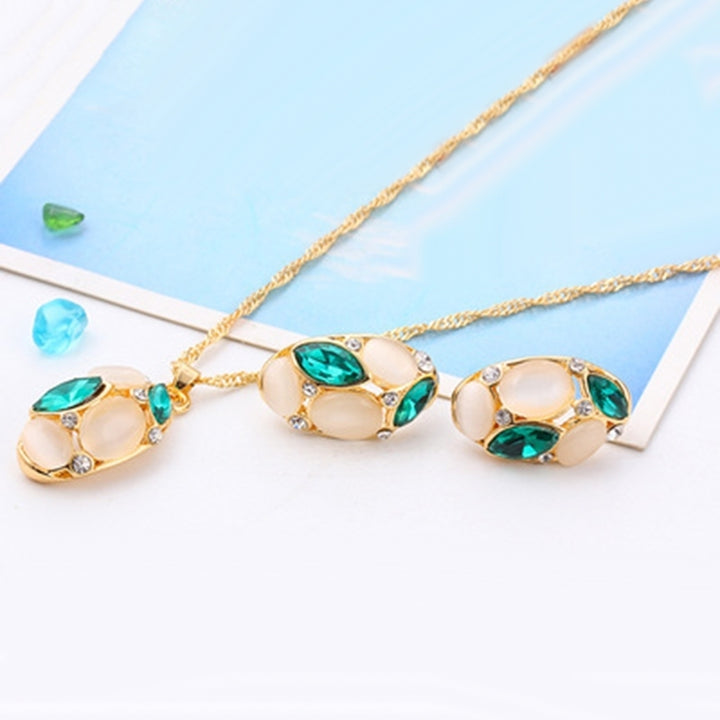 Fashion Women Jewelry Set Oval Opal Drop Pendant Sweater Chain Necklace Earrings Image 11