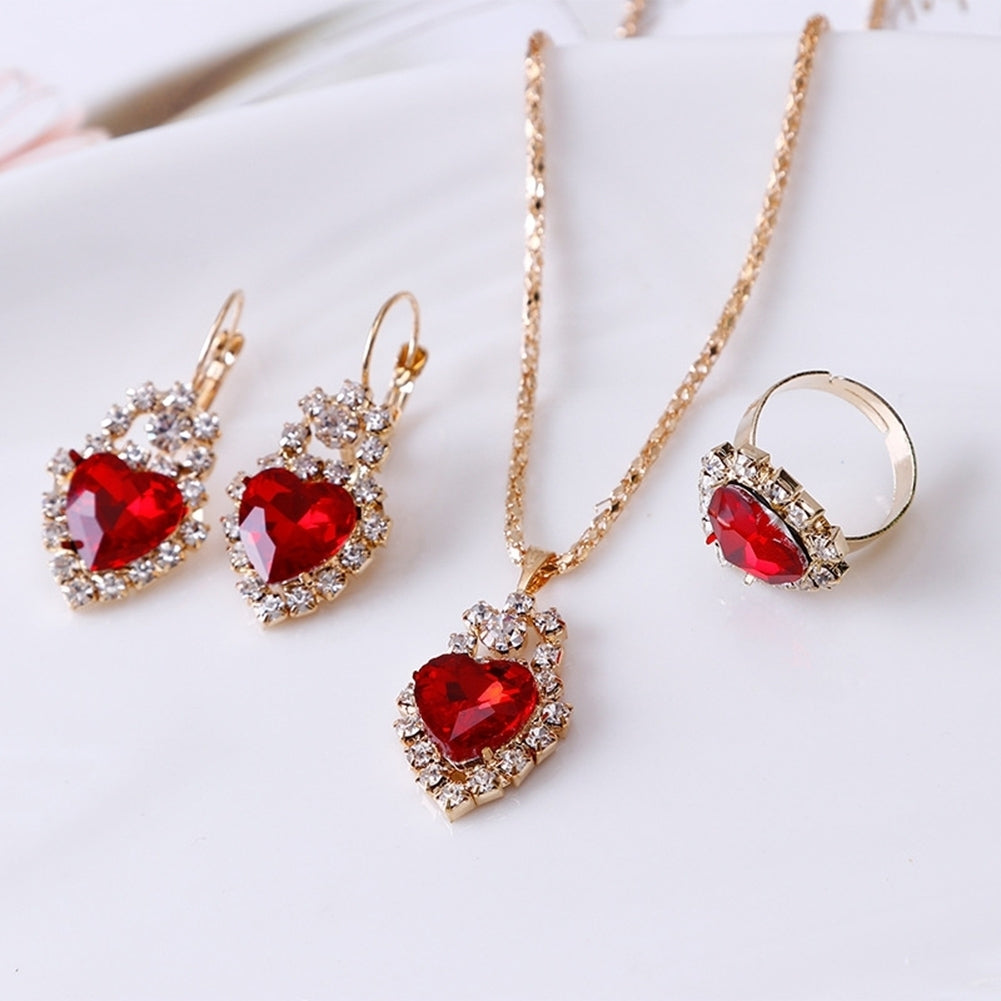 Women Heart Shape Rhinestone Pendant Necklace Lever Back Earrings Ring Jewelry Image 8