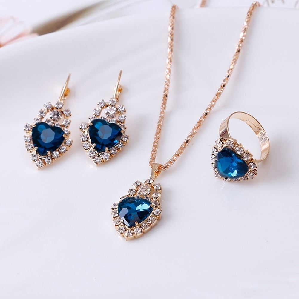 Women Heart Shape Rhinestone Pendant Necklace Lever Back Earrings Ring Jewelry Image 12