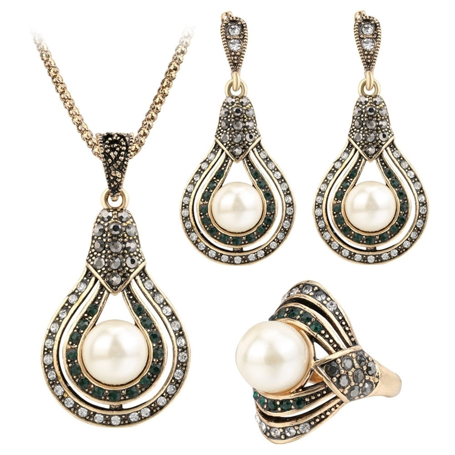 Turkish Style Bridal Faux Pearl Necklace Ring Earrings Jewelry Set Party Gift Image 1