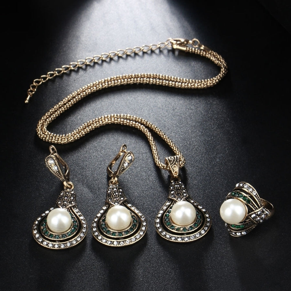 Turkish Style Bridal Faux Pearl Necklace Ring Earrings Jewelry Set Party Gift Image 2