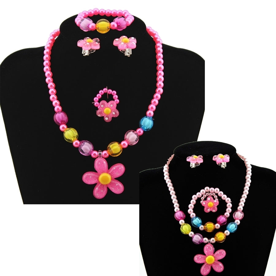 5Pcs Handmade Flower Necklace Bracelet Ring Ear Studs Kids Girls Jewelry Set Image 1