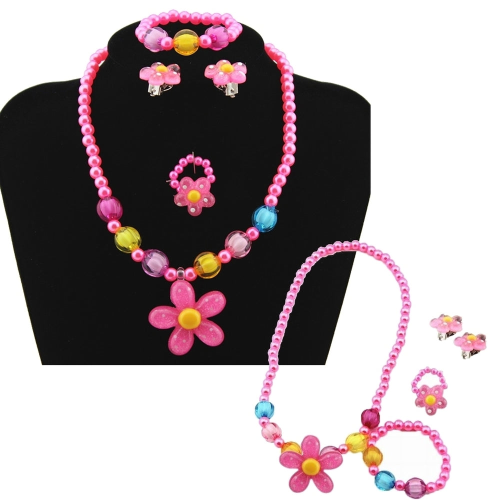 5Pcs Handmade Flower Necklace Bracelet Ring Ear Studs Kids Girls Jewelry Set Image 2