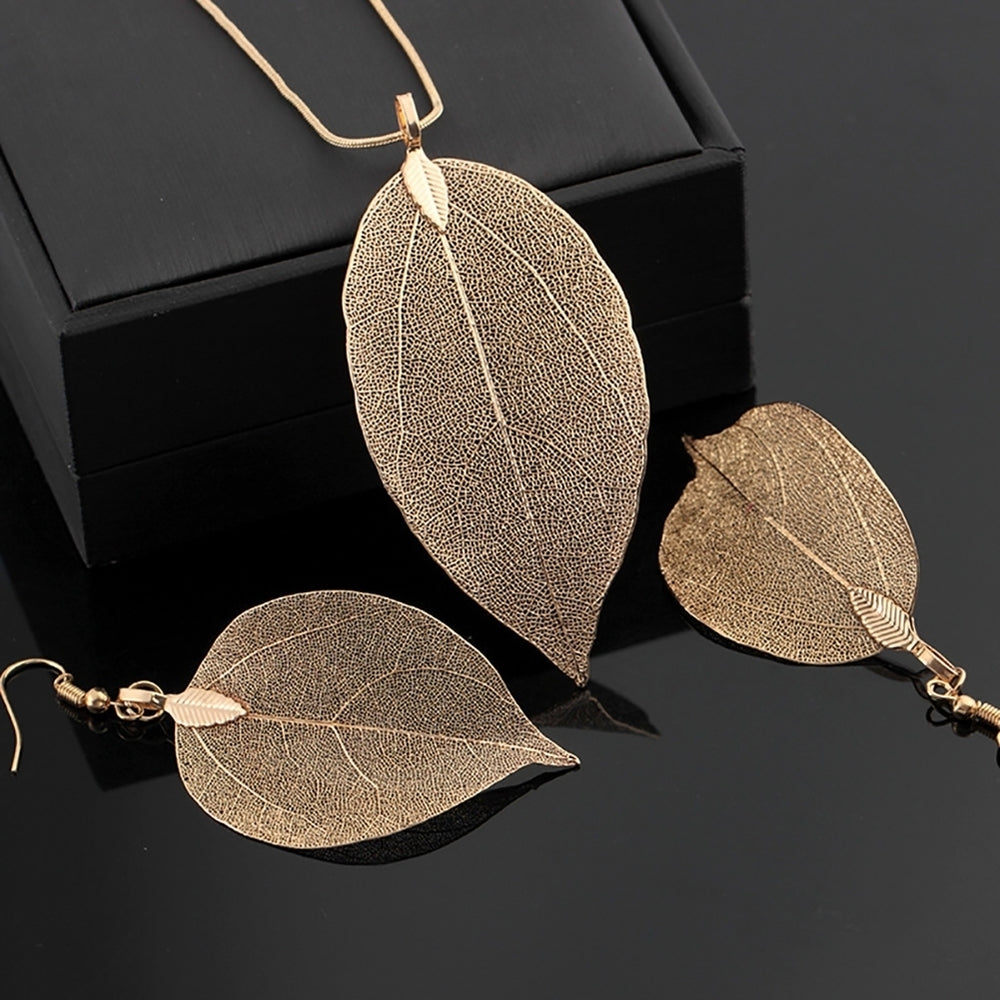 Fashion Women Alloy Leaf Pendant Chain Necklace Dangle Hook Earrings Jewelry Set Image 2