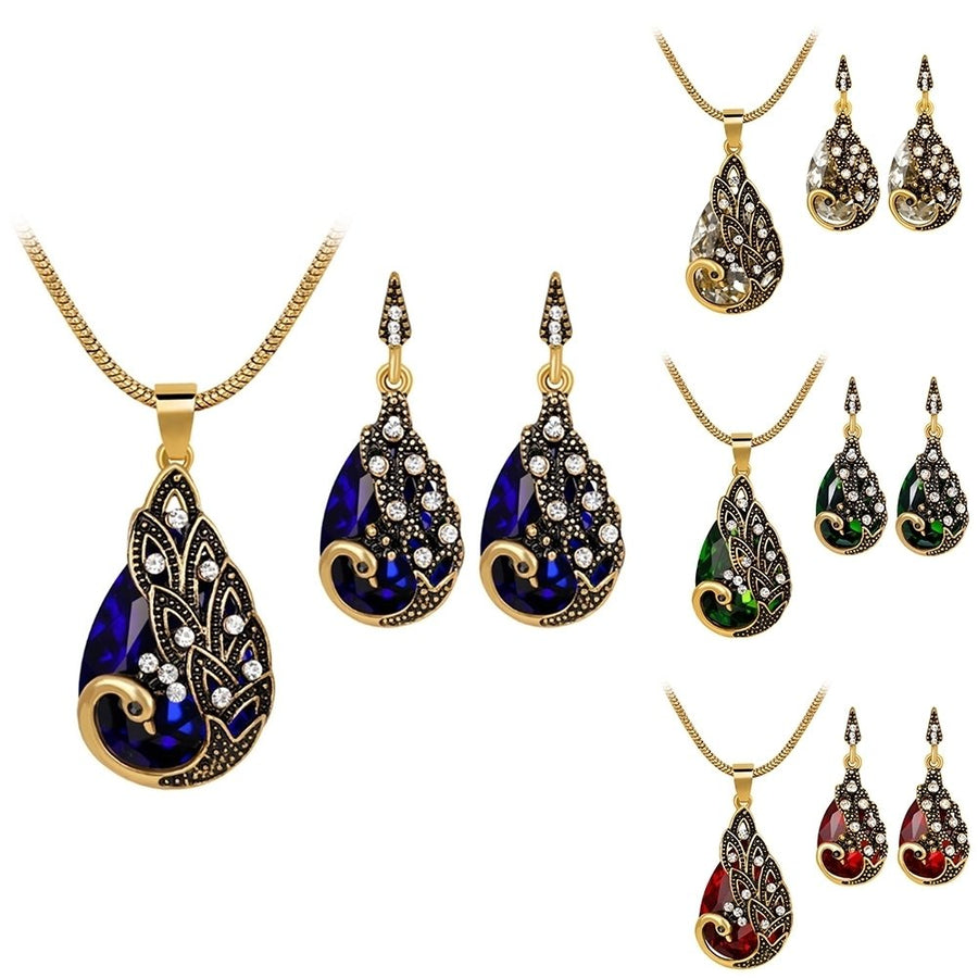 3Pcs Rhinestone Earrings Jewelry Fake Gemstone Peacock Pendant Fashion Necklace Image 1