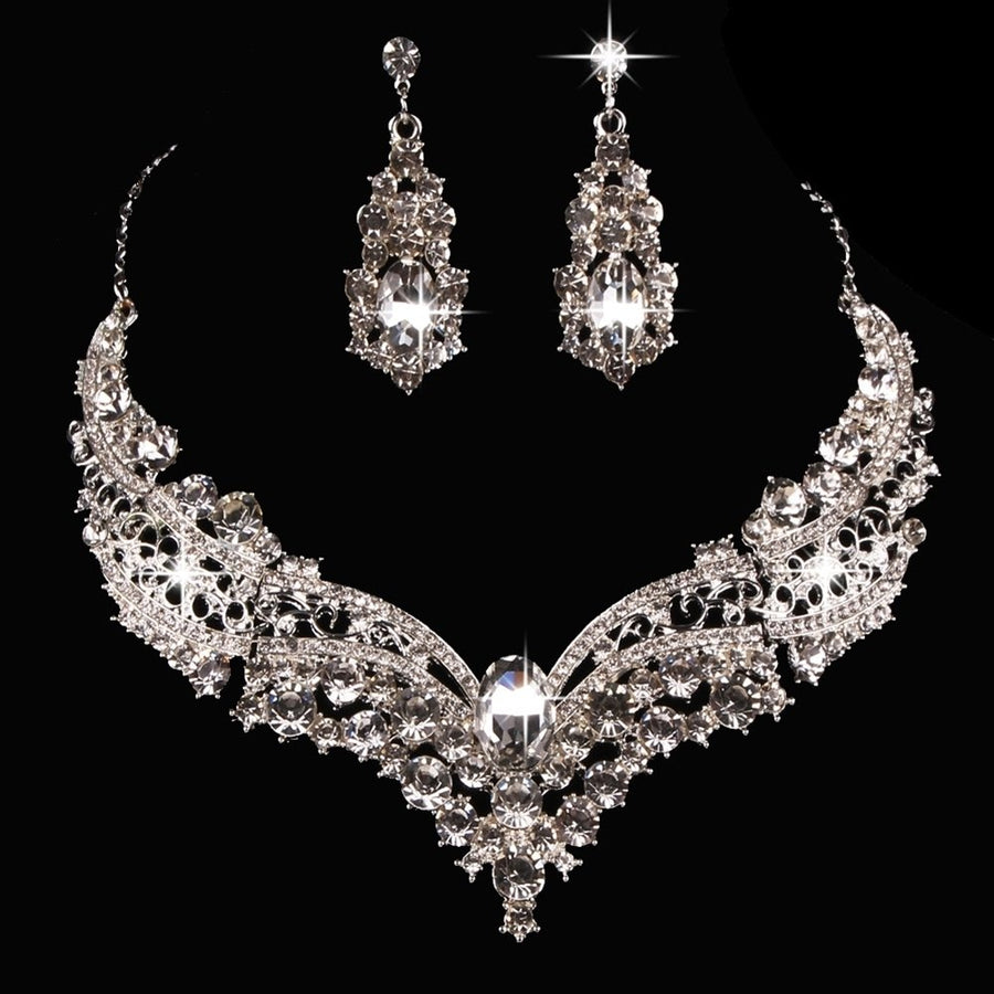 Wedding Bridal Queen Style Fully Shiny Rhinestone Necklace Earrings Jewelry Set Image 1