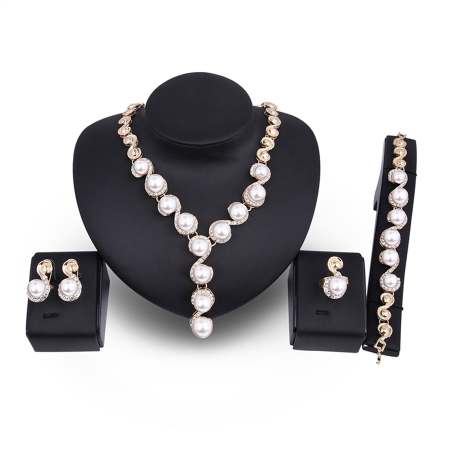 Women Pearl Inlaid Rhinestone Necklace Bracelet Stud Earrings Ring Jewelry Set Image 1