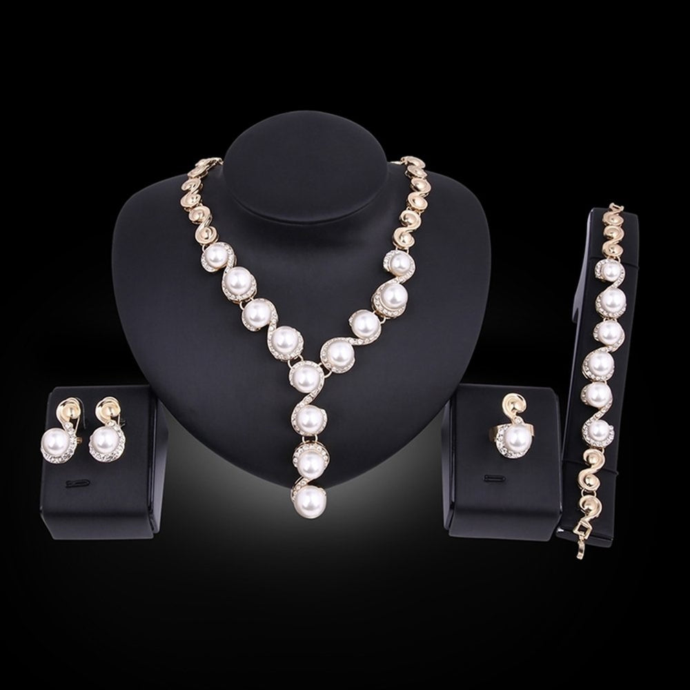 Women Pearl Inlaid Rhinestone Necklace Bracelet Stud Earrings Ring Jewelry Set Image 2