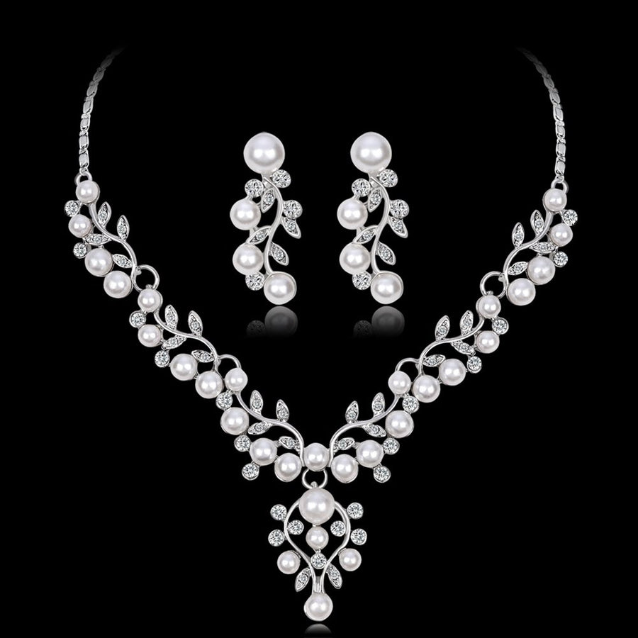 Women Elegant Faux Pearl Rhinestone Leaves Necklace Earrings Wedding Jewelry Set Image 1