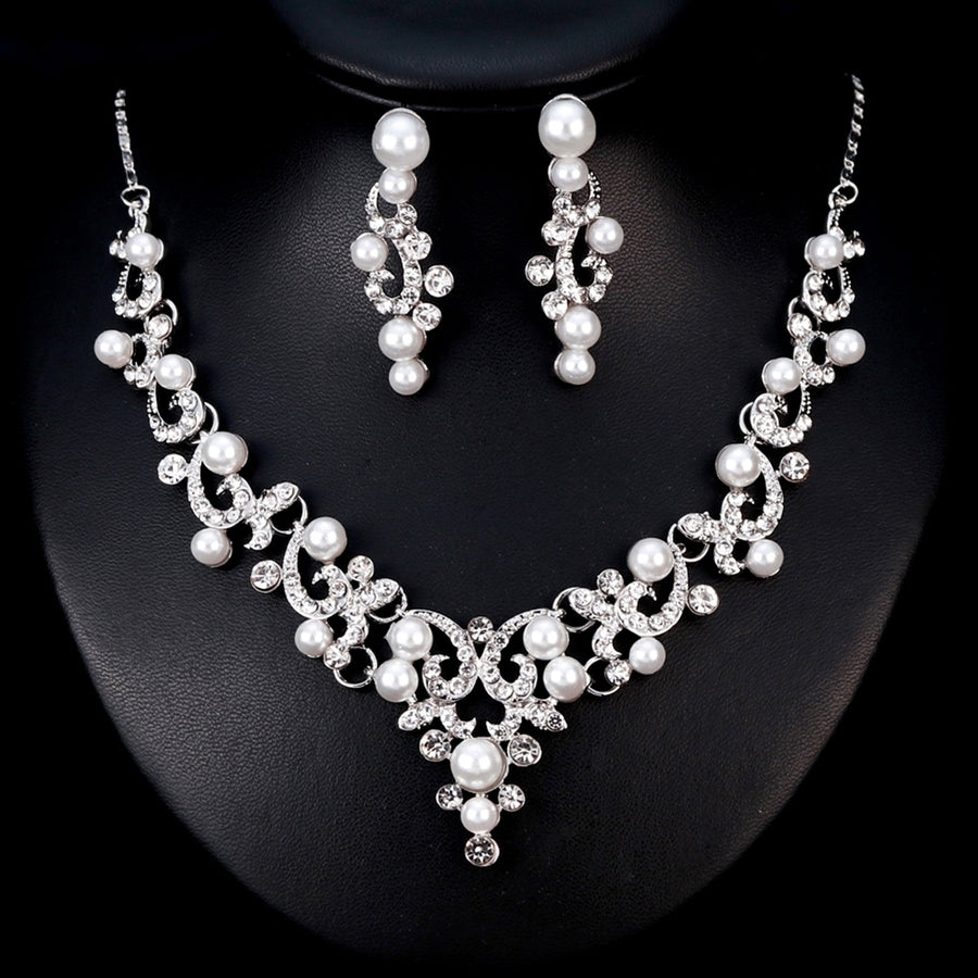 Fashion Alloy Rhinestone Faux Pearl Necklace Earrings Women Bride Jewelry Set Image 1