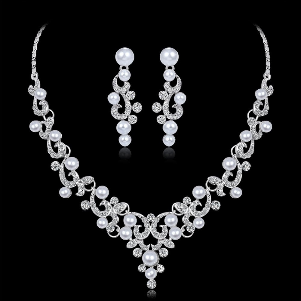 Fashion Alloy Rhinestone Faux Pearl Necklace Earrings Women Bride Jewelry Set Image 2