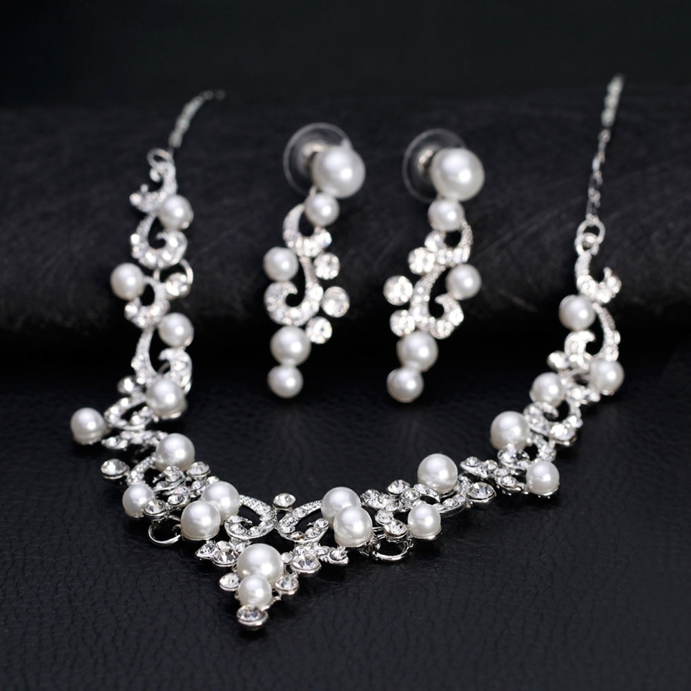 Fashion Alloy Rhinestone Faux Pearl Necklace Earrings Women Bride Jewelry Set Image 3
