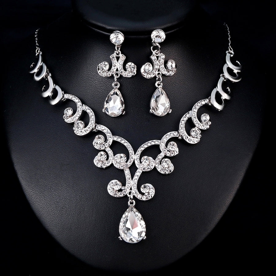 Lady Fashion Rhinestone Pendant Earrings Necklace Luxury Bridal Jewelry Set Image 1